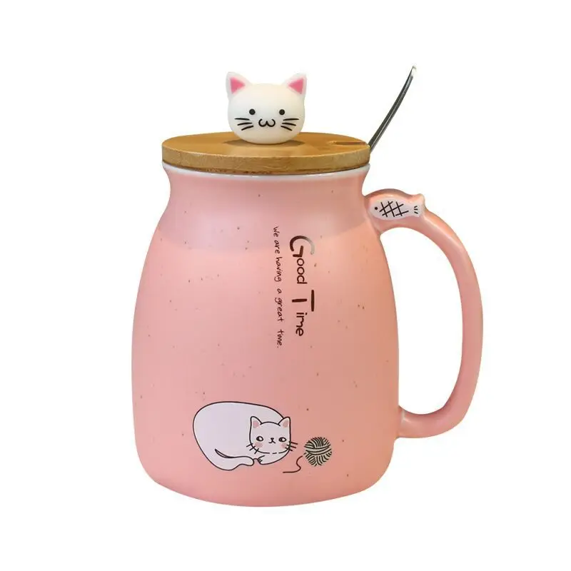 Zakka креативная керамическая кружка с котом, японская кружка с крышкой, мультяшный котенок, милый Молочный Сок, пара чашек, кофейные кружки, ложка для дома и офиса - Цвет: Розовый