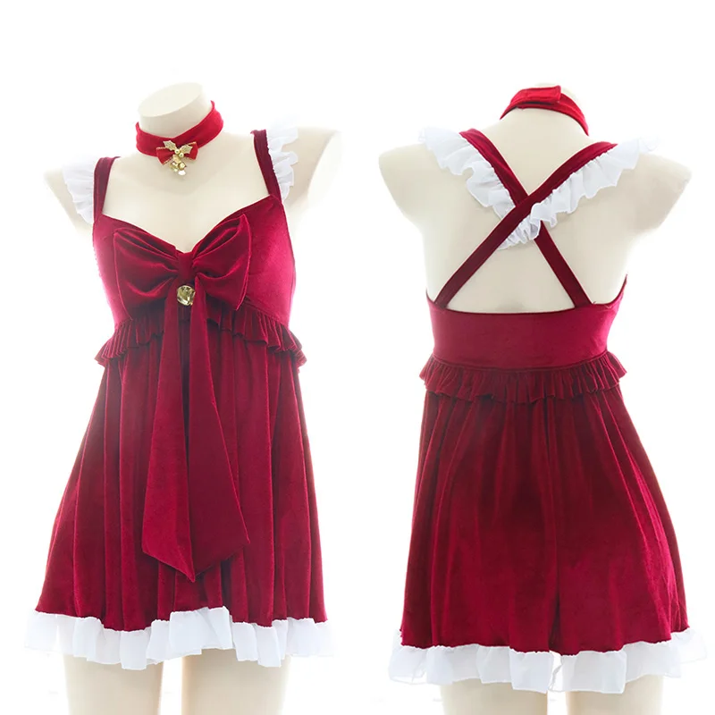 

Lolita Red Christmas Bowknot Pajamas Women's Sexy Suspenders Dress Ruffled Low-Cut Nightdress Xmas Party Underwear Dress Gifts