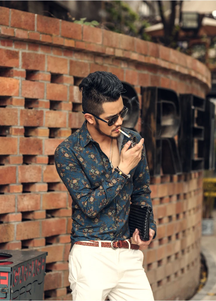 Осенняя мужская рубашка ins Новая мода цветочный принт с длинным рукавом camisa мужская Тонкая Цветочная винтажная льняная Повседневная