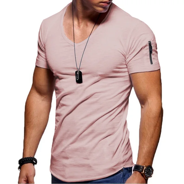 2022 New Men's V-neck T-shirt Fitness Bodybuilding T-shirt High Street Summer Short-Sleeved Zipper Casual Cotton Top Pink