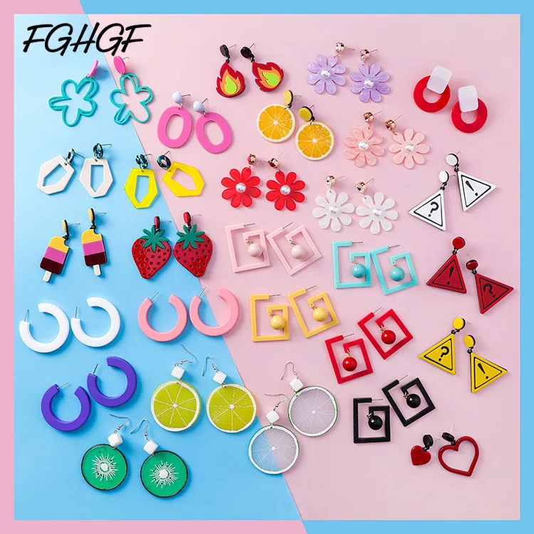 

FGHGF 2019 Sweet Fresh Summer Series Girl Orange Lemon Strawberry Cherry Flower Square Geometric Acrylic Earrings for Woman