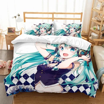 

3D Hatsune Miku Bed Linen Set Print Anime Bedding Set 3PCS White Cartoon Microfiber Duvet Cover Set Bedclothes