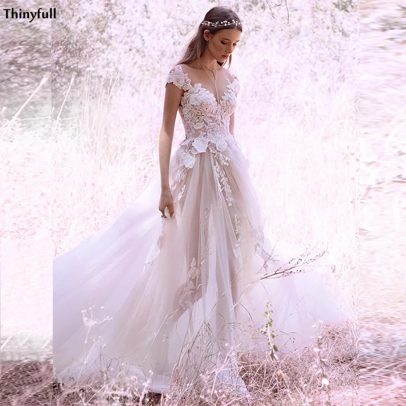 

Thinyfull Boho Wedding Dresses Off The Shoulder Lace Appliques Beach Bridal Gowns Illusion A-Line Country Mariage Gowns 2021