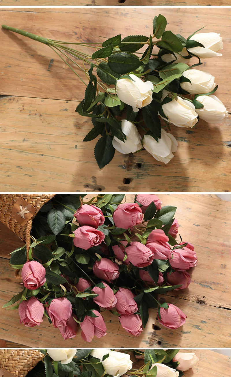 JAROWN Artificial Flower 9 Head Rose Bouquet Continental Retro Fake Flower Wedding Home Decoration Bouquet Rose Bud Flores (16)