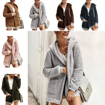 

Winter Women Plus Size Pockets Fluffy Fleece Hooded Coat Warm Cardigan Outwear