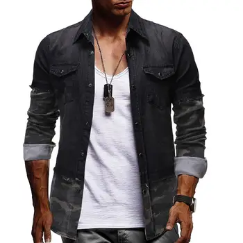 

Denim Shirt for Man Camouflage Stitching Long sleeve Cotton Jeans Men's Shirt Blouse Men Black Blue