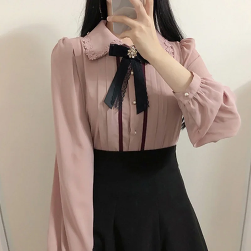 

2020 Spring Women's Cute Shirts Preppy Style Vintage Japaneses Korea Design Button Elegant Formal Shirts Blouses Pink White