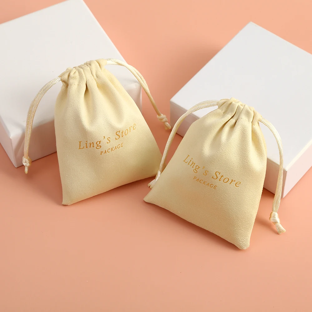 100 Cream Personalized Logo Print Custom Jewelry Packaging Drawstring Bags Skincare Package Cosmetic Bags Flannel Suede Bags