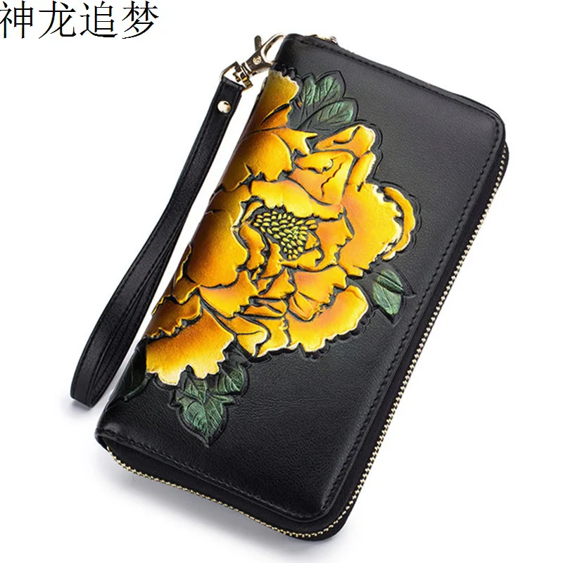 

Genuine leather New Peony hand-painted organ wallet ladies long multi-card position card holder rfid wallet Chinese style wallet