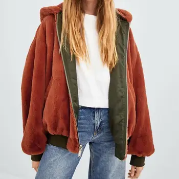 

Winter Long Sleeve Black Double-Sided Wearing Bomber Jacket Women Jacket Wild Loose Faux Fur Hooded Jacket