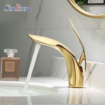 

Luxury Basin Sink Mixer Faucet Bathroom Tap Square Shape Water Taps Gold Finish Deck Mount with Plate