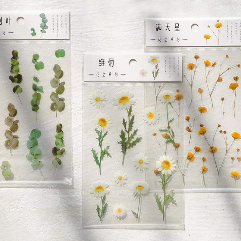 One Sheet 12 Designs Natural Daisy Clover Japanese Words Stickers Transparent PET Material Flowers Leaves Plants Decor