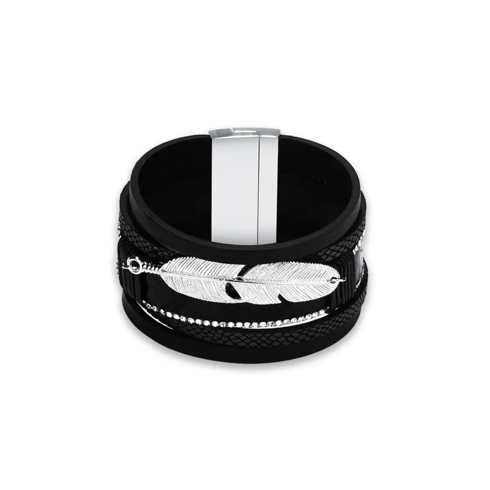 

NB21 Top Quality Real Leather Wide Bracelet unisex for lover man and women Feather