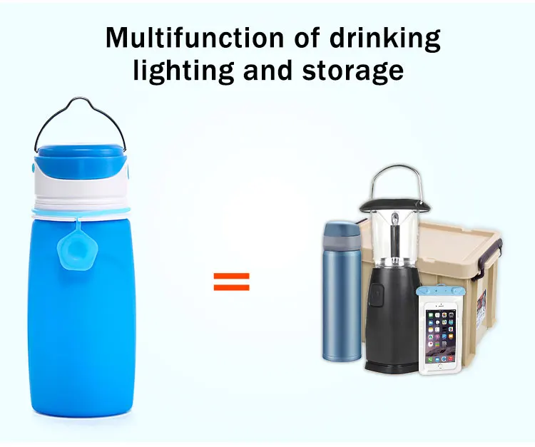 Новая частная этикетка силиконовая бутылка для воды со светодиодным светильник, складная светодиодная бутылка для воды