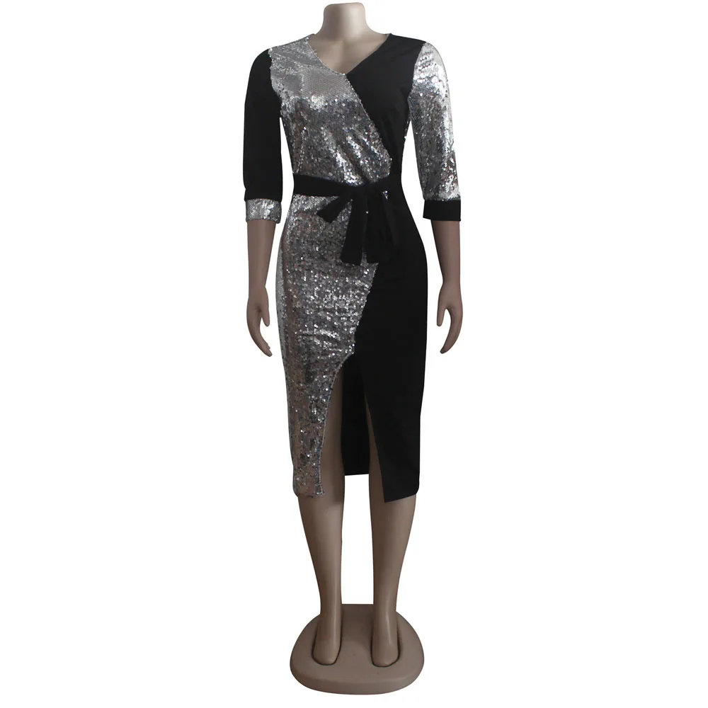 African Dresses For Women Sexy Sequins Pure Color Splicing Deep V-neck Half Sleeves Split Elegant Pencil Tight Dress Short Party african outfits