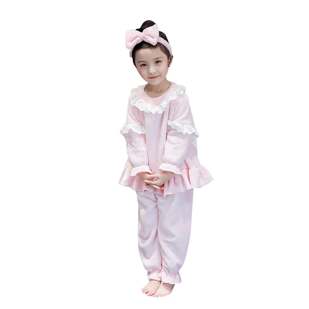 Kawaii/Детские Бархатные Топы с оборками для маленьких девочек; однотонные длинные штаны; пижамные комплекты; комплект мягкой одежды; roupa infantil; сезон зима