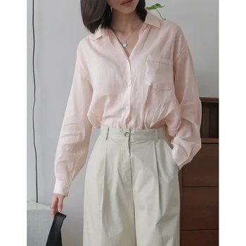 

55% linen +45% cotton blusas mujer de moda 2020 korean fashion women long sleeve shirts Pockets high quality shirt for woman