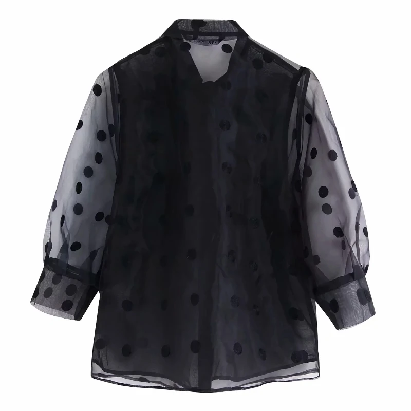 new women fashion bow tie collar polka dots embroidery black organza blouse ladies transparent chic shirts femininas tops LS4336