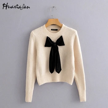 

Huaxiafan Sweater Knitted Women Bow Casual Pullover Autumn Sweaters Long Sleeve Chic Tops Elegant Female Solid Jumpers O Neck