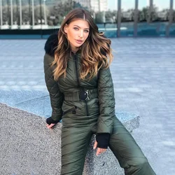 One Piece Bodysuit Ski Suit Hooded Jumpsuits Parka Fashion Cotton Padded Warm Sashes Ski Suit Straight Zipper Outdoor Tracksuits