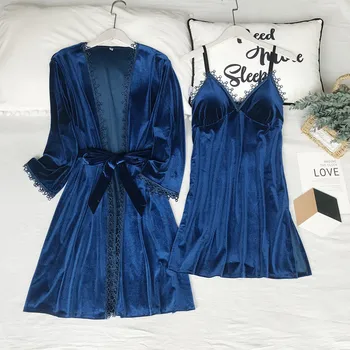 

Women Sleepwear Velour Autumn New 2PCS Kimono Robe Set Intimate Lingerie Casual Velvet Homewear Navy Blue Bathrobe Gown