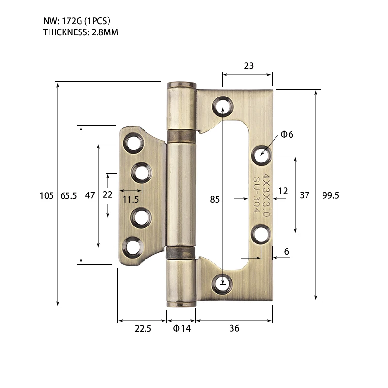 2PCS Pack Brushed Nickel and Bronze Color Stainless Steel 4" Heavy Duty House Door Hinge Open 270 Degree with screws