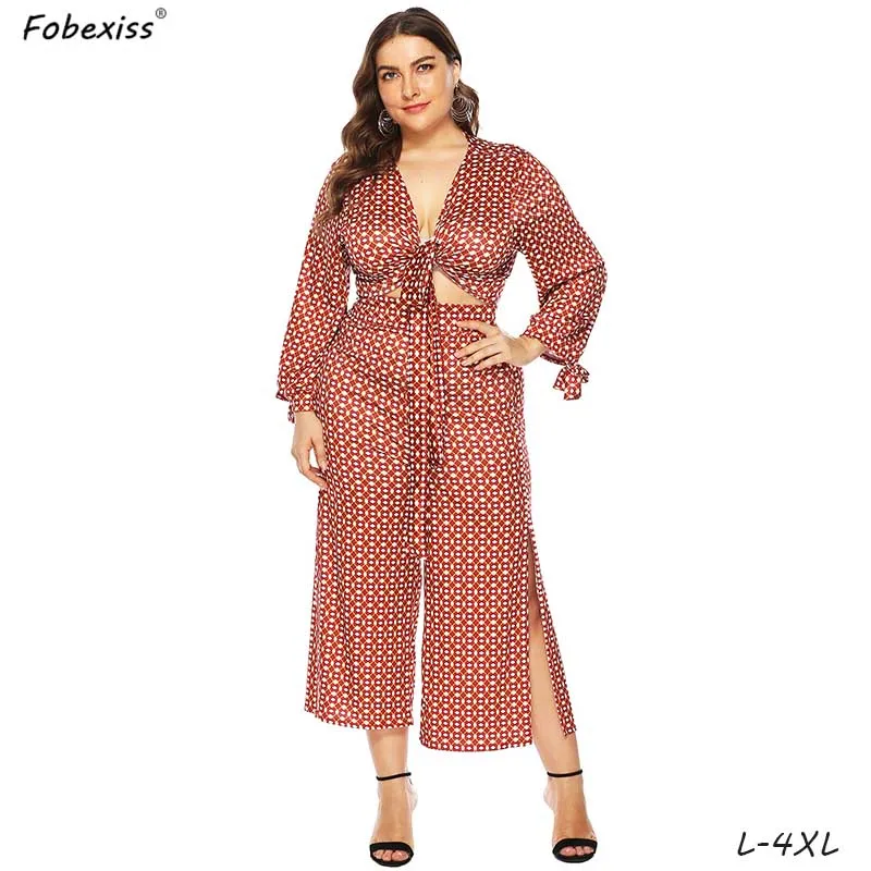 

Red Dot Plus Size Two Piece Set Satin 4XL Long Sleeve V-Neck Crop Top Wide Leg Pant Set 2019 Fashion Autumn Two Piece Suit Woman