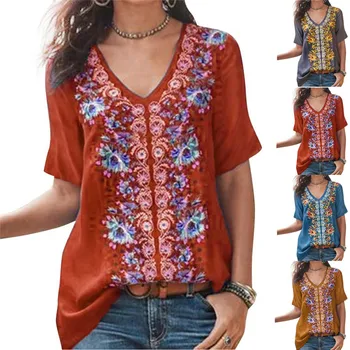 

Plus Size Women Boho Floral Print Short Bell Sleeve T-shirt Blouse Outwear V-neck Vintage Baggy Loose T-shirt Top Ladies T-shirt