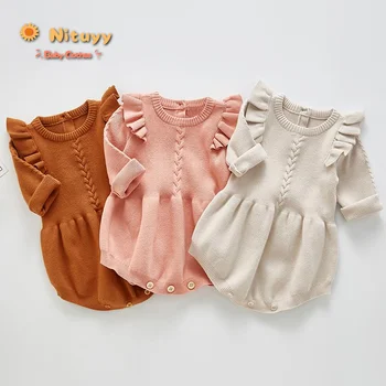 

2020 Newborn Baby Girls Boys Bodysuits Warm Long Sleeve Solid Knitted Clothes Cotton Woolen Baby Ruffle Infant Jumpsuit