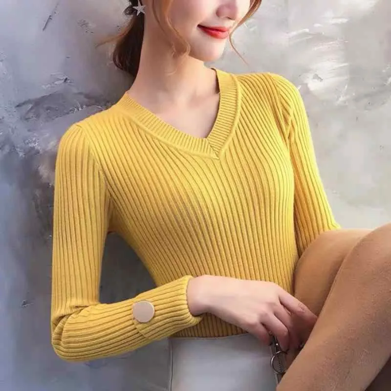 Элегантный классический джемпер для женщин приталенное с длинными рукавами V трикотажный кардиган Топ Повседневный осенний женский сплошной цвет желтый Pull Femme