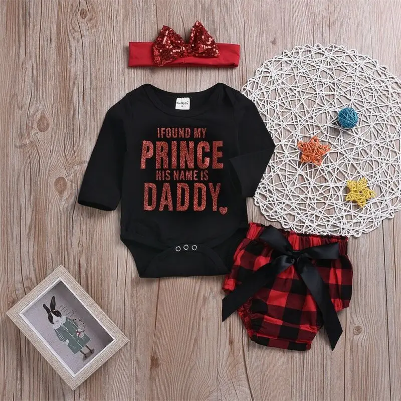 

Newborn Baby Girl 3pcs Clothes Long Sleeve Plaid Letter Jumpsuit Romper Pants Shorts Headband Outfit Clothing
