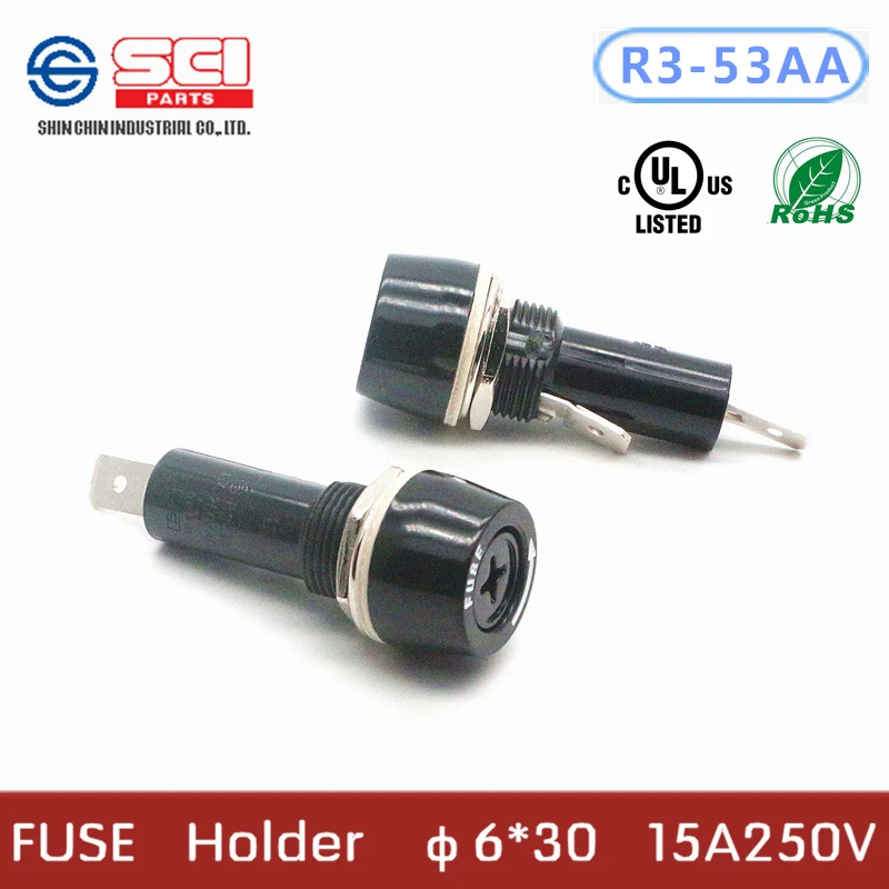 R3-53AA/Тайвань SCI Держатель предохранителя/фенольные(UL пламя: 94V-1)/15A 250V 6*30mm/предохранители/2 шт в упаковке/без предохранителя внутри