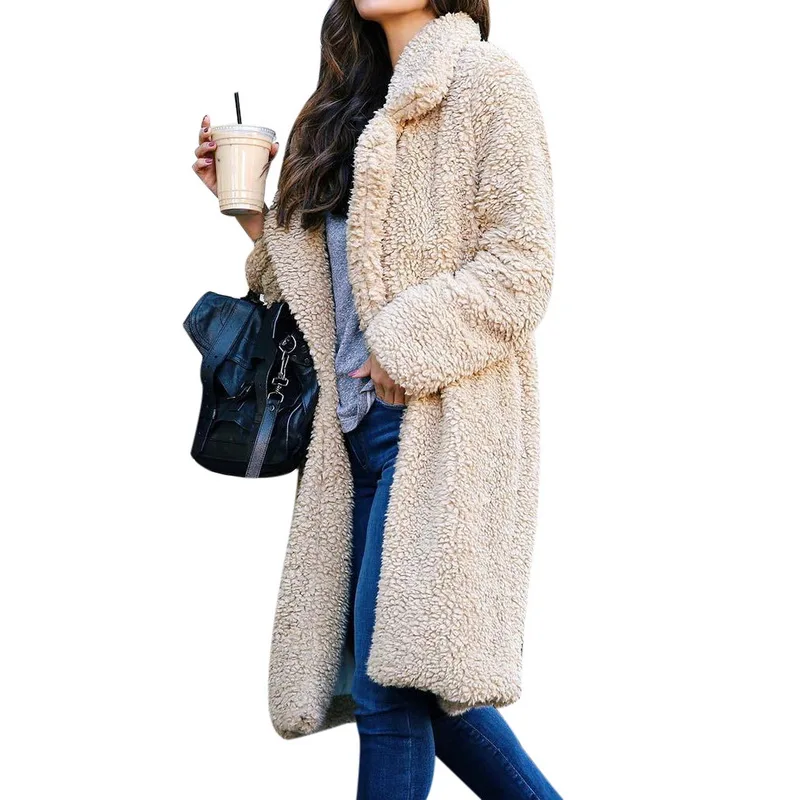 Beige CALOFE осенне-зимняя модная женская длинная верхняя одежда из искусственного меха, куртки, теплое плюшевое пальто, Повседневная Уличная Женская куртка - Цвет: Beige