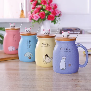 

IVYSHION Sesame Cat Heat-resistant Cup Cartoon Ceramic Mug Color With Lid Cup Kitten Milk Coffee Mug Children Cup Drinkware