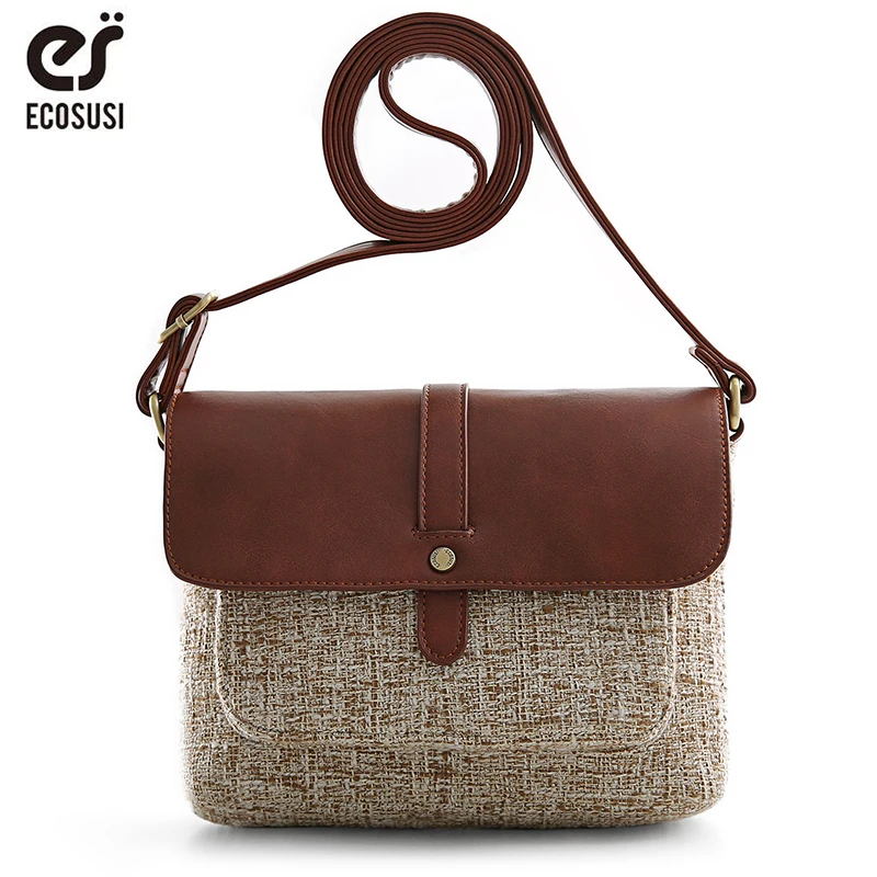 

ECOSUSI New Women PU Leather Messenger Bag High Quality Retro Female Handbag Famous Designer Clutch Leather Canvas Shoulder Bag