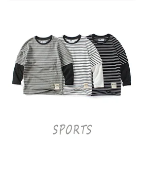 

Spring And Autumn New Fashion Children's Stripe Long Sleeve Boy's Pure Cotton Fake Two Piece Tops Children's T-shirt