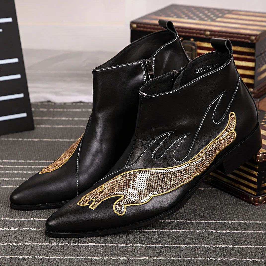 

Christia Bella Winter British Style Man Cowboy Zipper Short Boots Golden Sequin Genuine Leather Male Business Party Ankle Boots