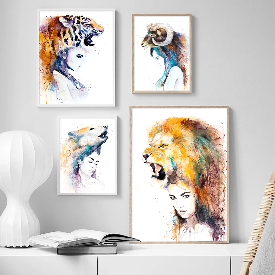 Абстрактная Женская Картина на холсте с изображением медведя тигра Льва овец