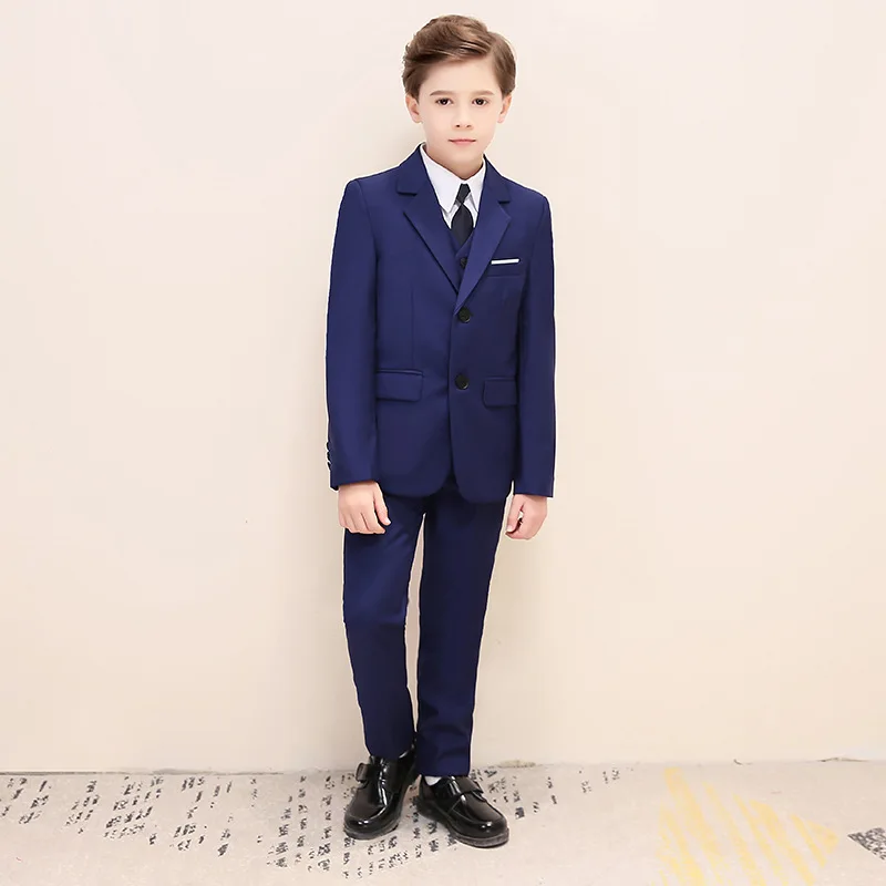 

2019 Handsome Blue Boys Formal Wear Jacket Pants 3 Pieces Set Suits for Wedding Dinner Children Kids Tuxedos