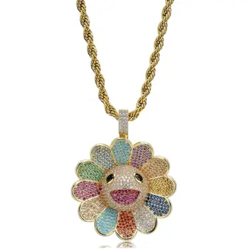 

Hip Hop AAA CZ Stone Paved Iced Out Bling Rotatable Takashi Murakami Sunflower Pendants Necklace for Men Women Rapper Jewelry