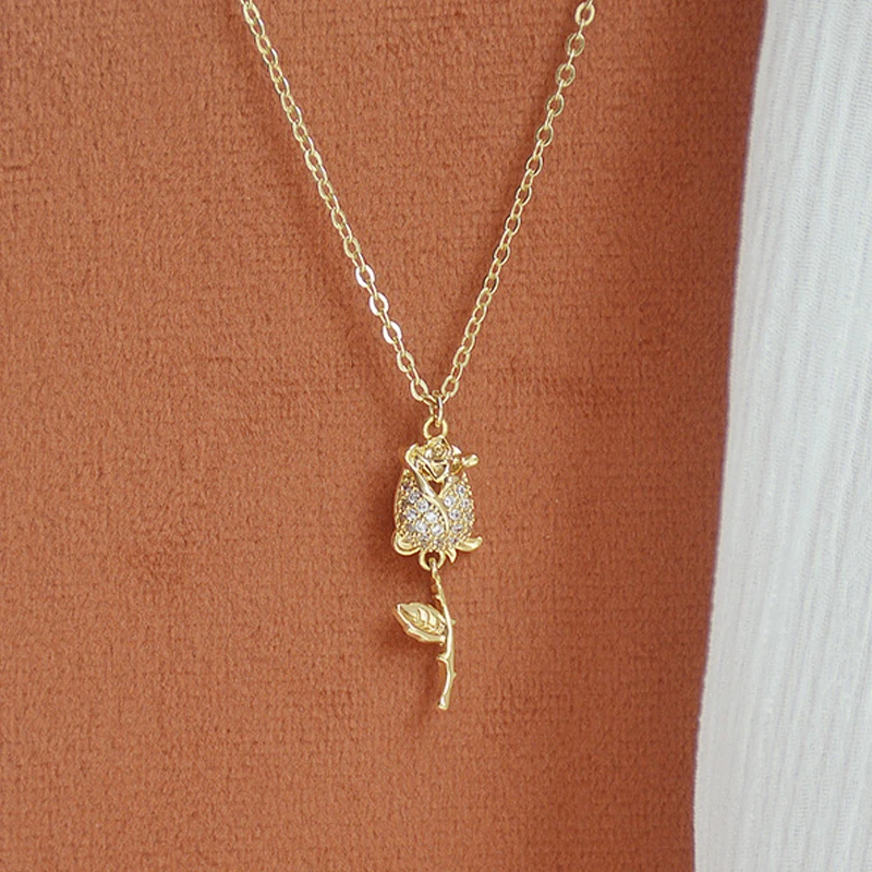 Plated 3 layers 14k Real Gold CZ Rose Necklace for Women Romantic Clavicle Chain Stylish Delicate Bijoux Feminia Colar Present