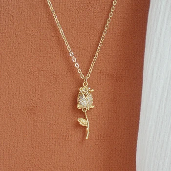 Plated 3 layers 14k Real Gold CZ Rose Necklace for Women Romantic Clavicle Chain Stylish Delicate Bijoux Feminia Colar Present