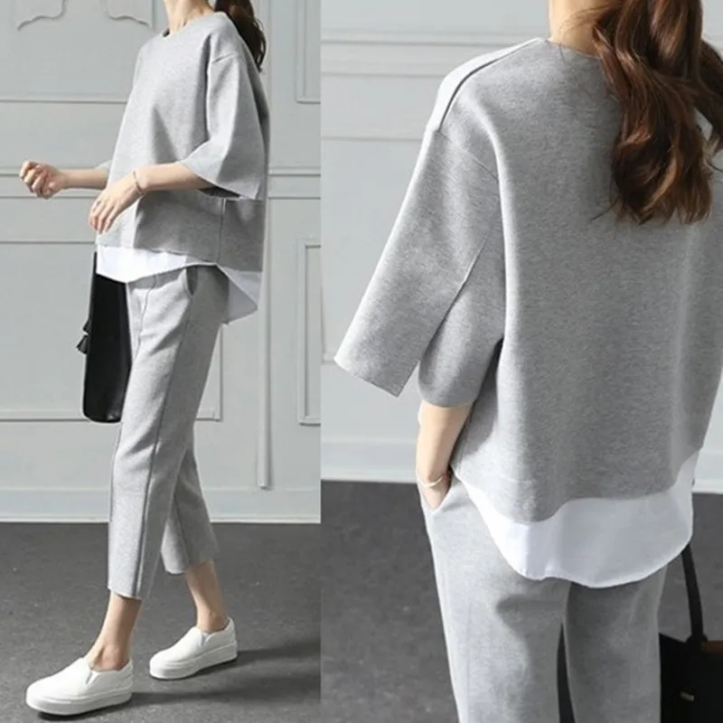 

Fake two pieces top cotton two piece suits big size women casual 3/4-length pants two-piece set loose splits sleeve tracksuit