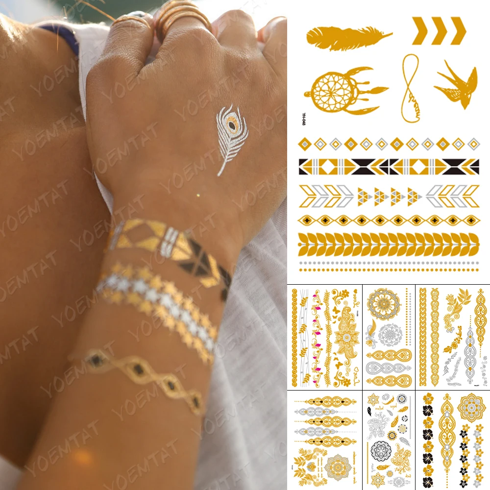 Waterproof Temporary Tattoo Sticker Metallic Gold Silver Bracelet Mandala Feather Swallow Flash Tatoo Henna Body Art Fake Tatto | Красота и