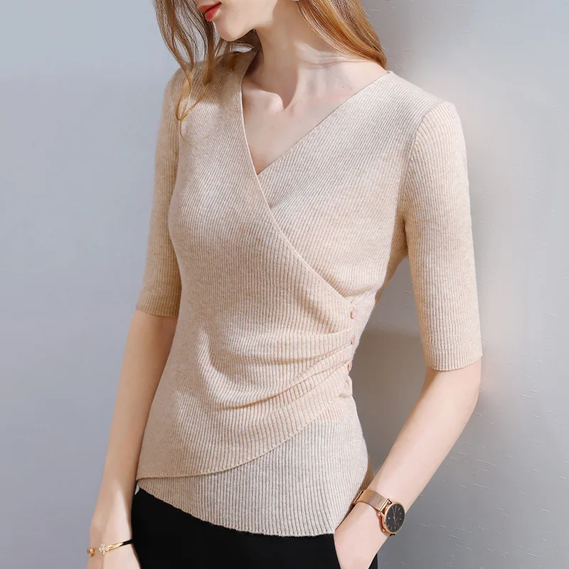 Wool Knitted Bottomless Women's Spring and Autumn 2021 New Women's Mid-sleeve Sweater Design Feel Waist Top Dropshipping argyle sweater Sweaters