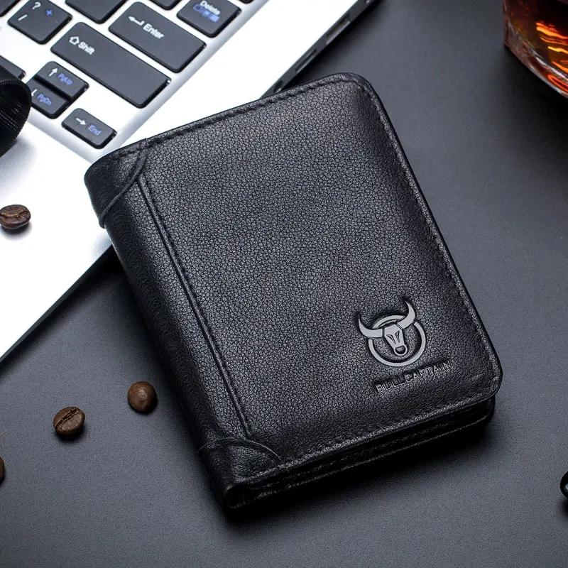 Bullcaptain RFID кожаный мужской кошелек с отделением для монет Ретро Модный мужской кошелек особенности коричневый короткий кошелек держатель для карт клатч - Цвет: black