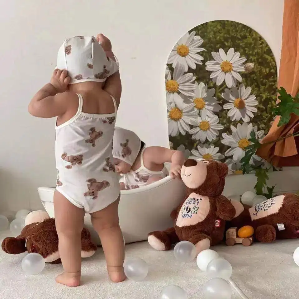 Bañador de algodón sin mangas para bebé recién nacido, novedad de verano, traje de baño con patrón de oso de dibujos animados para niño y niña