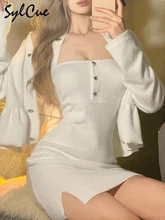 

Sylcue Pure White Simple Generous Intellectual Elegant All-Match Street Short Coat With Tight-Fitting Hip Dress Two-Piece Suit