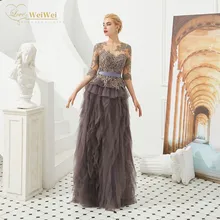 Fashion Half Sleeve Mother Of The Bride Dress O-Neck Floor Length Lace Applique Tiered Ruffle Sash Vestido De Fiesta De Boda