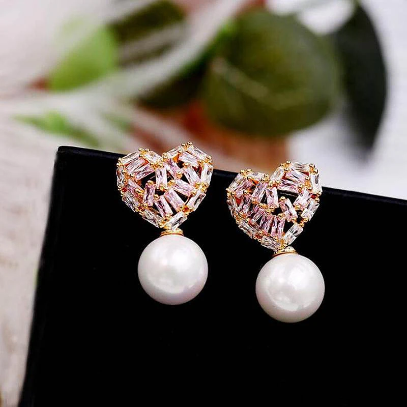 

Pink Heart Pearls Cubic Zircon Stud Earrings for Women Wedding Engagement Bridal Fashion Jewelry Accessories Gifts YEA079